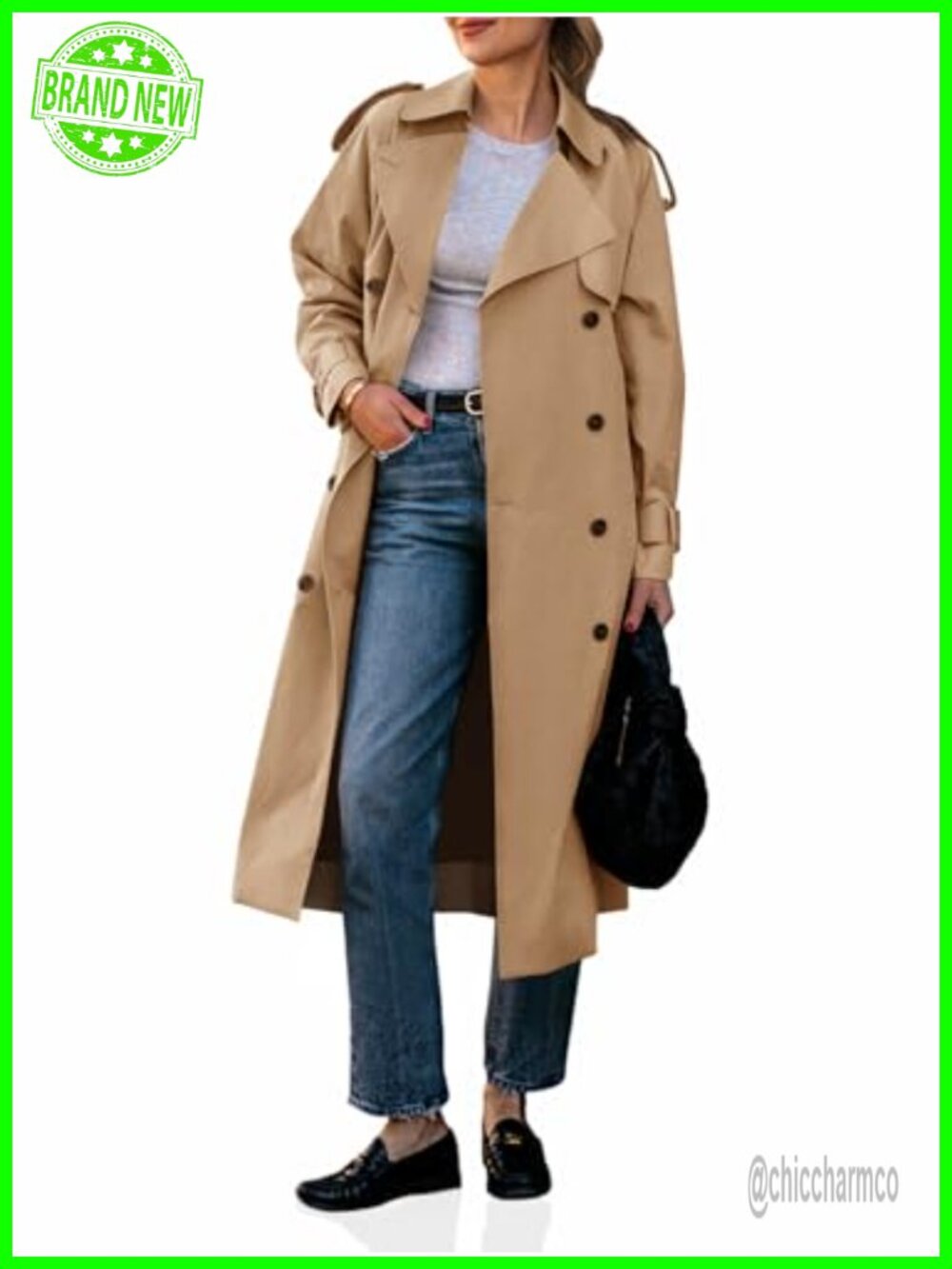 Womens Long Trench Coat Double Breasted Classic Lapel Belted Overcoat